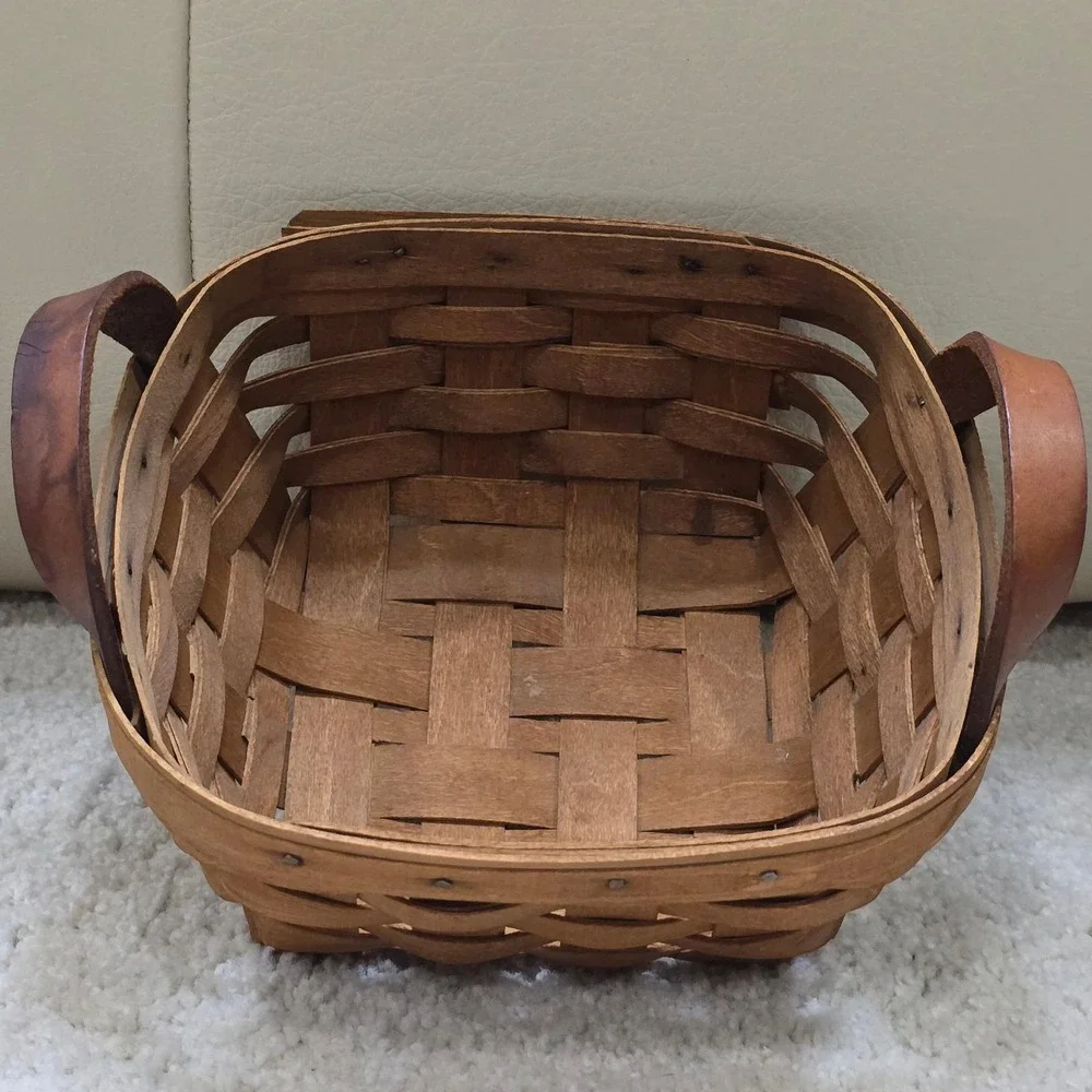 Woven Wood Basket‎ with Leather Handles Rustic Farmhouse Decor Square Vintage